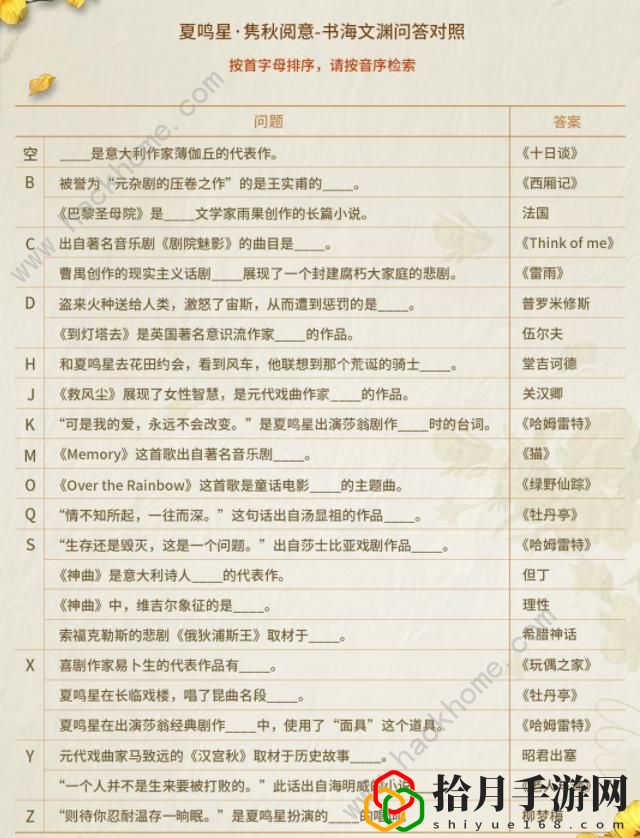 光与夜之恋夏鸣星妙景偶拾答案大全 所有题目答题答案总汇